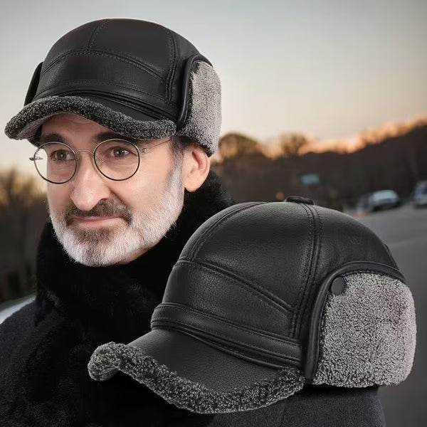 Neue Herren-Wintermütze mit Lammfell und flacher Krone, mit Ohrenschützern
