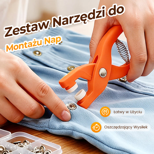 Metalowe guziki z zestawem narzędzi do mocowania