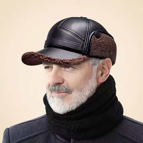 Neue Herren-Wintermütze mit Lammfell und flacher Krone, mit Ohrenschützern