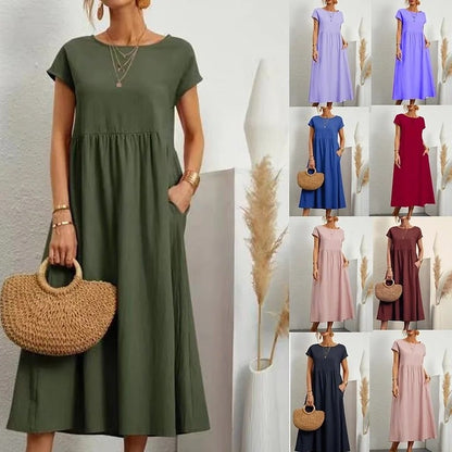 👗Jednokolorowa luźna bawełniana sukienka z kieszeniami