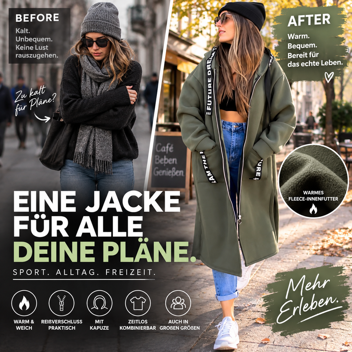 ✨✨Damen Reißverschluss-Kapuzenjacke mit Fleece-Futter