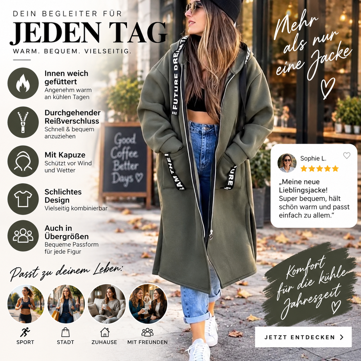 ✨✨Damen Reißverschluss-Kapuzenjacke mit Fleece-Futter