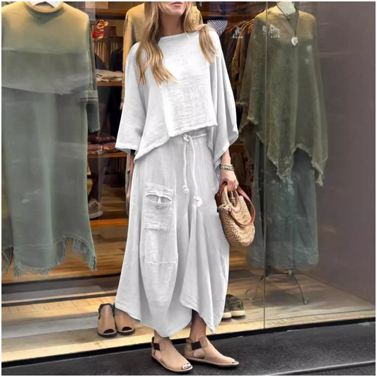 👗👖Damski swobodny top z okrągłym dekoltem i luźna 2-częściowa spódnica