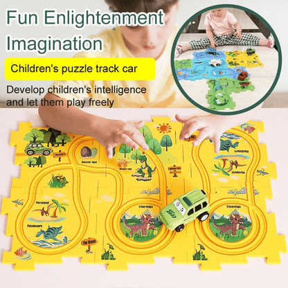 Zestaw Puzzle Toru Dinozaurów z Autkiem – Interaktywna Zabawa Dla Dzieci! 🚗