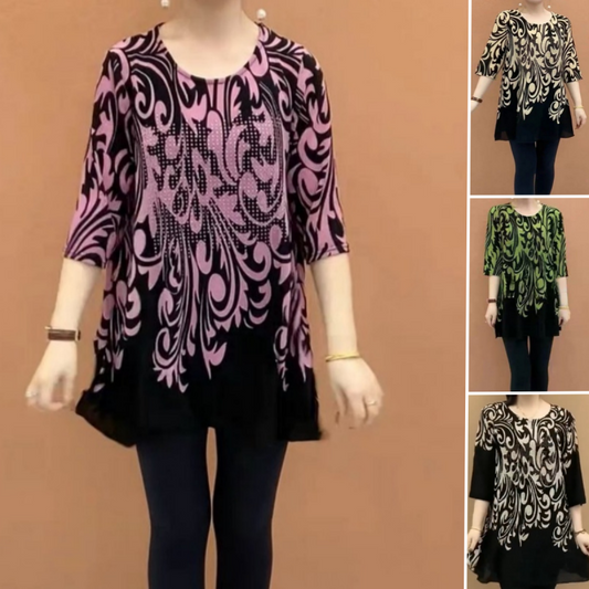 Damski luźny top z nadrukiem i okrągłym dekoltem