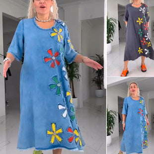 Luźna sukienka jeansowa z kolorowymi kwiatami 3D – styl boho, rozmiary Plus Size