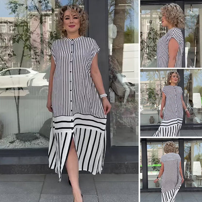 Damska luźna długa sukienka z guzikami w paski