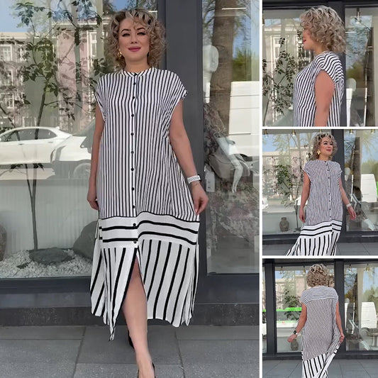 Damska luźna długa sukienka z guzikami w paski