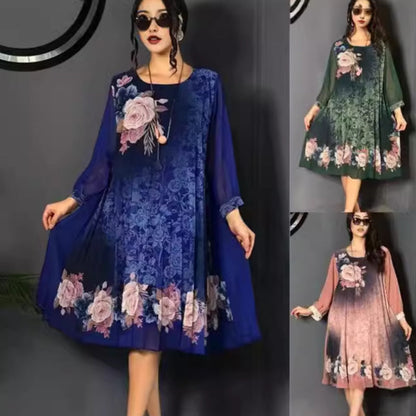 🔥👗Damska sukienka z okrągłym dekoltem i siateczkowymi rękawami w kwiatowy wzór