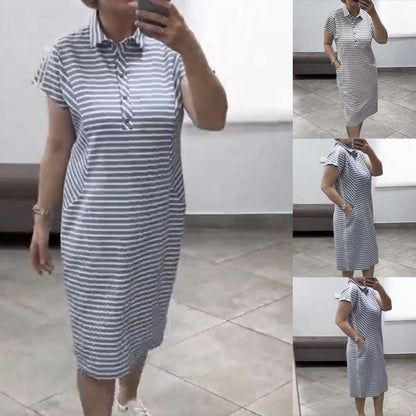 Damska casualowa sukienka w paski z krótkim rękawem