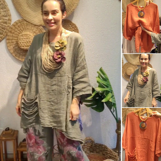 Damski lniany top z bocznymi kieszeniami o luźnym kroju