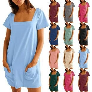 💕Letnia promocja 50% zniżki👗Casualowa damska sukienka z krótkim rękawem z kieszeniami i kwadratowym dekoltem