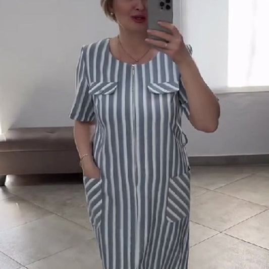 Damska luźna sukienka z okrągłym dekoltem i kieszeniami