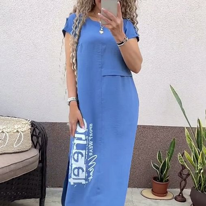 Damska luźna sukienka z krótkim rękawem i rozcięciem z boku