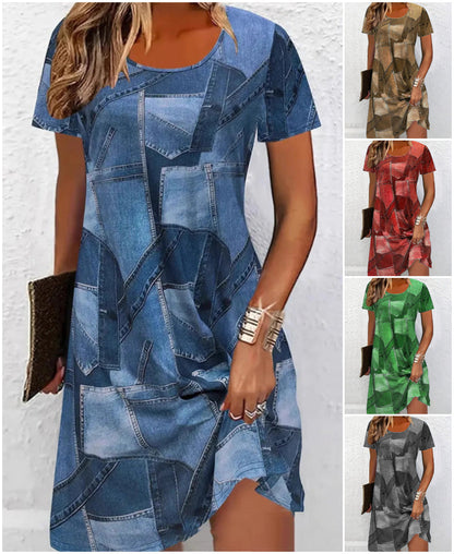 Damska casualowa sukienka z patchworkowym wzorem