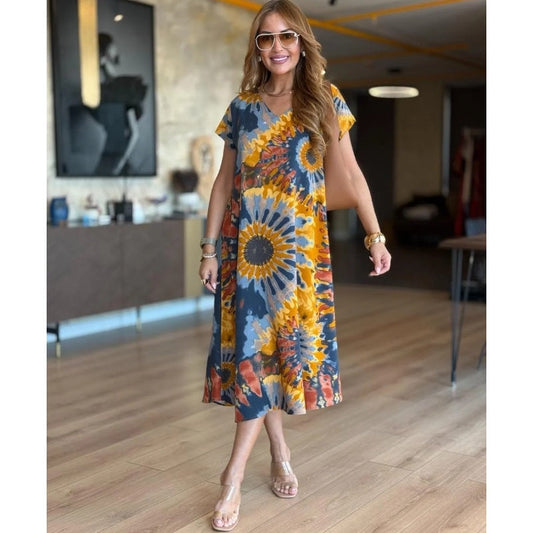 S-4XL 🌼Damska sukienka maxi z nadrukiem z dekoltem w serek