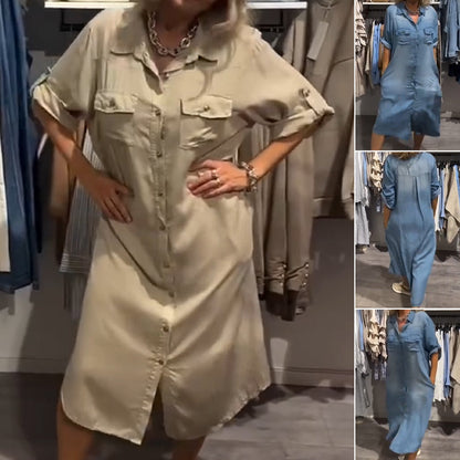 Damska codzienna sukienka koszulowa midi z denimu na guziki