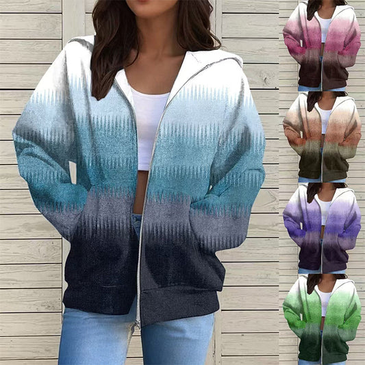 Damska modna bluza z kapturem z długim rękawem i nadrukiem w gradiencie