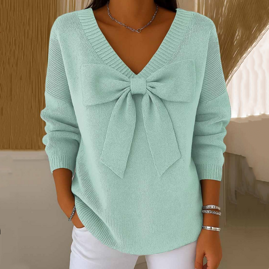 🔥Oferta limitowana – Damski sweter z dekoltem V i kokardą