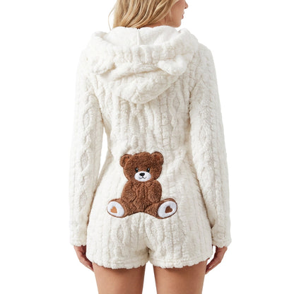 Plüsch-Jumpsuit mit Kapuze und langen Ärmeln für Damen