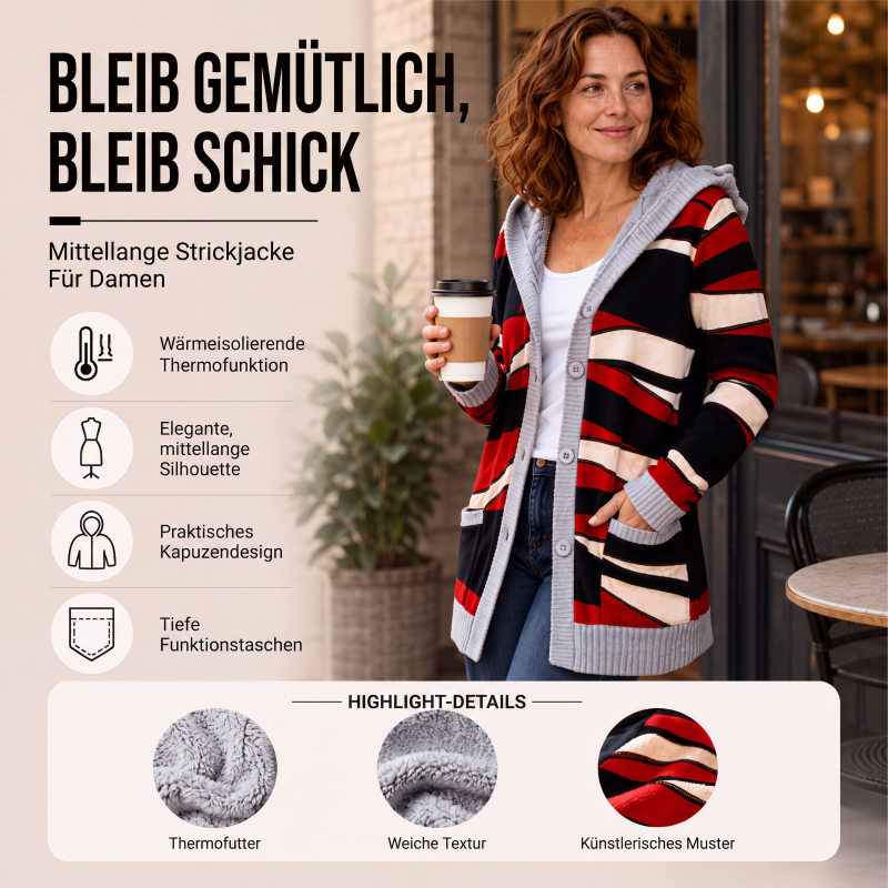 Langer Damen-Strickcardigan mit Kapuze und Plüschfutter