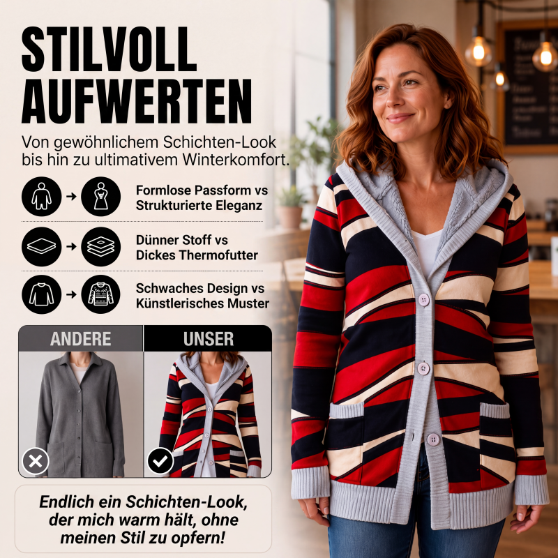Langer Damen-Strickcardigan mit Kapuze und Plüschfutter