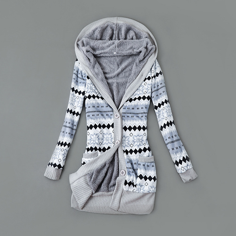 Langer Damen-Strickcardigan mit Kapuze und Plüschfutter