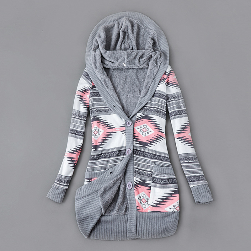 Langer Damen-Strickcardigan mit Kapuze und Plüschfutter