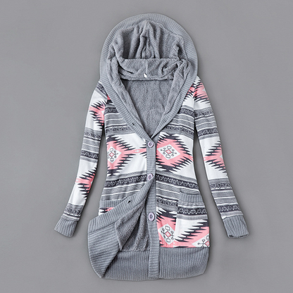 Langer Damen-Strickcardigan mit Kapuze und Plüschfutter