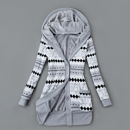 Langer Damen-Strickcardigan mit Kapuze und Plüschfutter