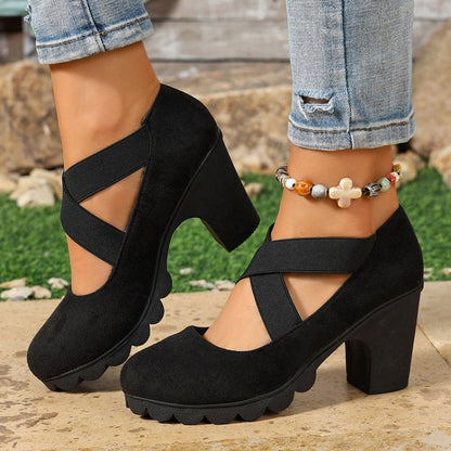 🎉✨Mary-Jane-Schuhe für Damen mit runder Spitze, überkreuzten Riemen, Blockabsatz, Plateau und Cut-Out-Ausschnitten, hochhackig