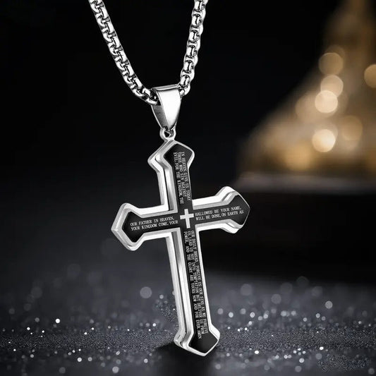 📢📢 50 % RABATT !! ⏰ Herren-Vaterunser-Kreuz-Halskette aus Titanstahl – Dreidimensionales Kreuz mit Gebetsgravur ✨