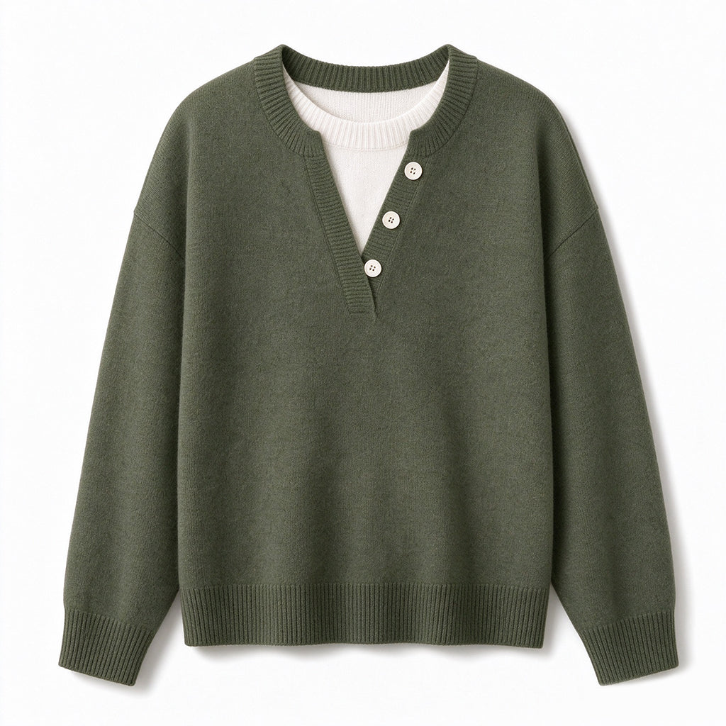Lässiger zweiteiliger Strickpullover mit V-Ausschnitt und Knopfdetails
