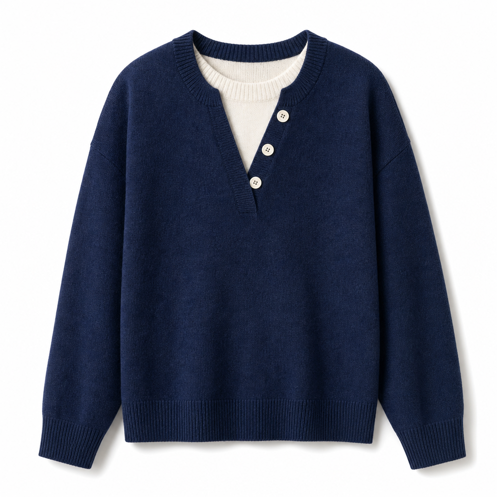 Lässiger zweiteiliger Strickpullover mit V-Ausschnitt und Knopfdetails