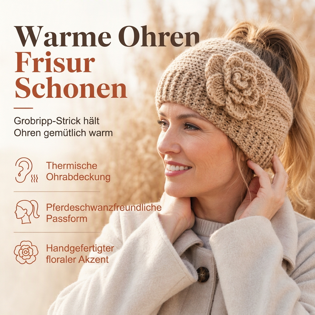 Breites gestricktes Ohrenschutz-Stirnband für Damen, winterlich warmes Haar-Accessoire mit Blumenmuster
