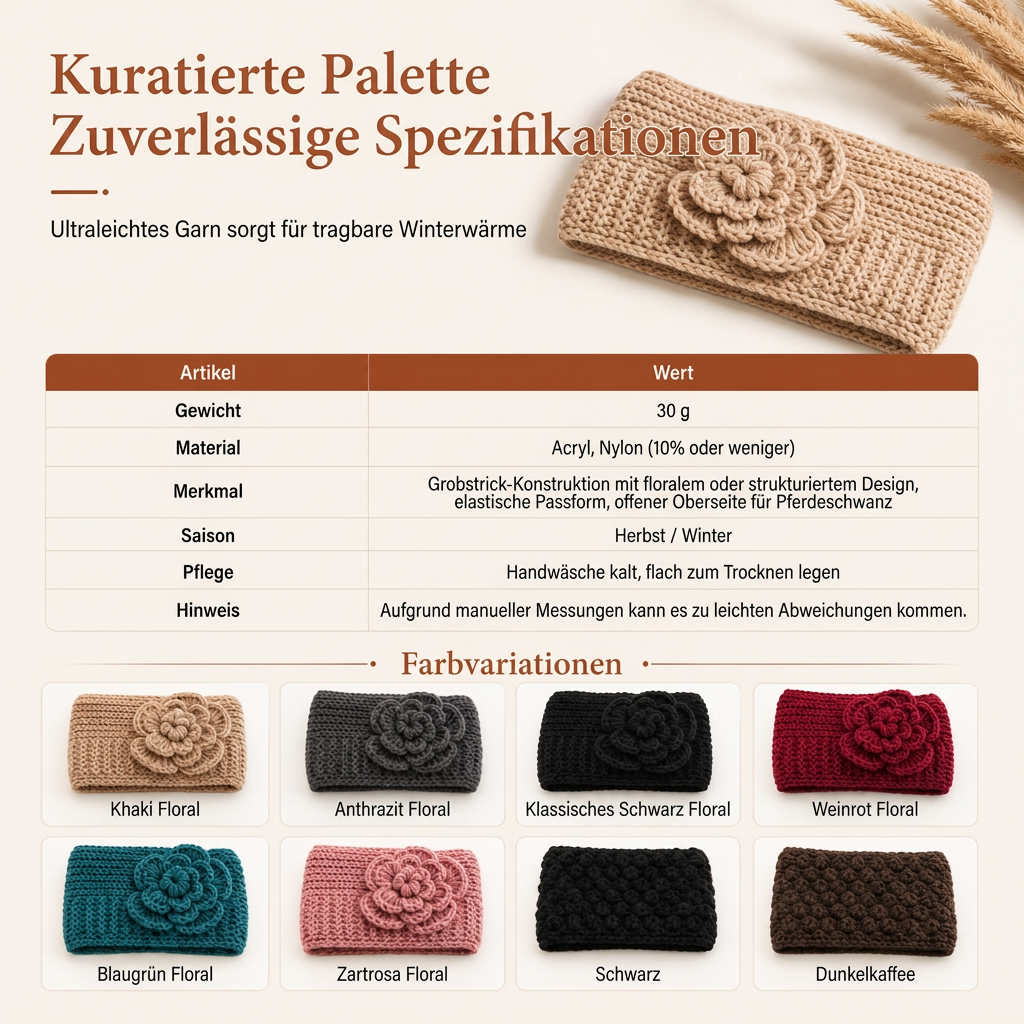 Breites gestricktes Ohrenschutz-Stirnband für Damen, winterlich warmes Haar-Accessoire mit Blumenmuster