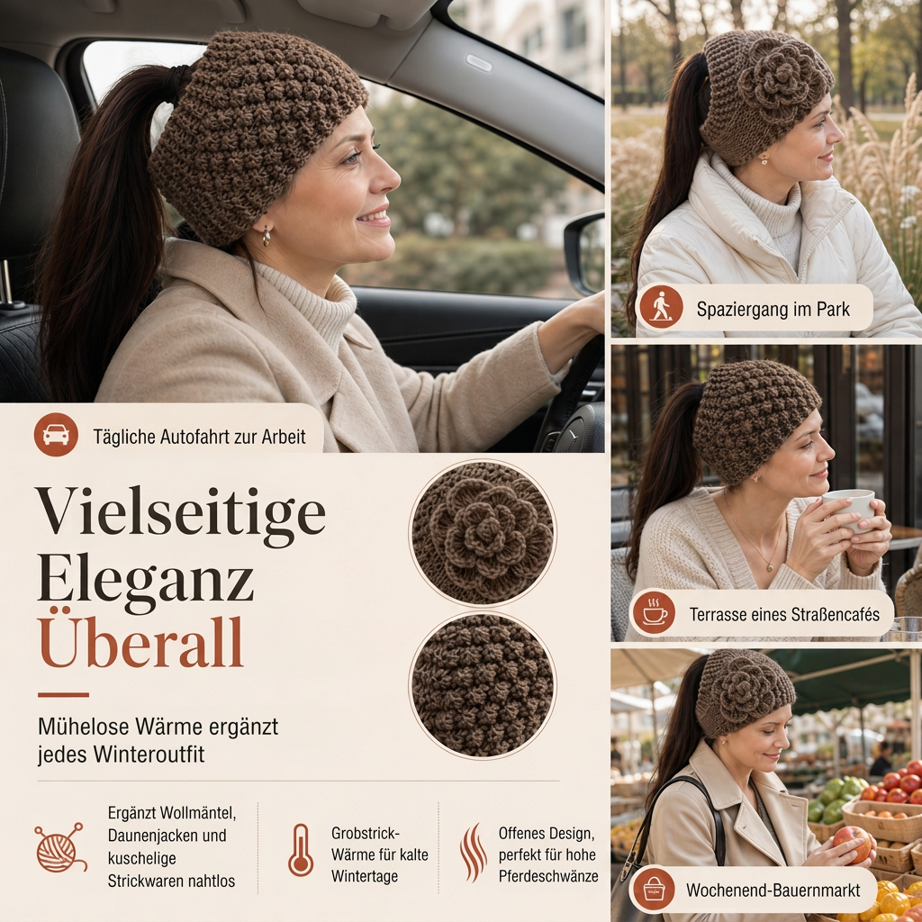 Breites gestricktes Ohrenschutz-Stirnband für Damen, winterlich warmes Haar-Accessoire mit Blumenmuster