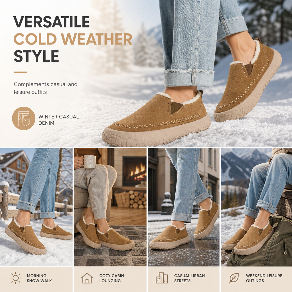 Warme Damen-Winterstiefel – Schneestiefel zum Hineinschlüpfen, rutschfest, weit geschnitten, gefüttert und bequem für Spaziergänge im Alltag.