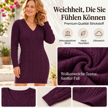 Freizeitkleid für Damen mit V-Ausschnitt und Zopfstrick