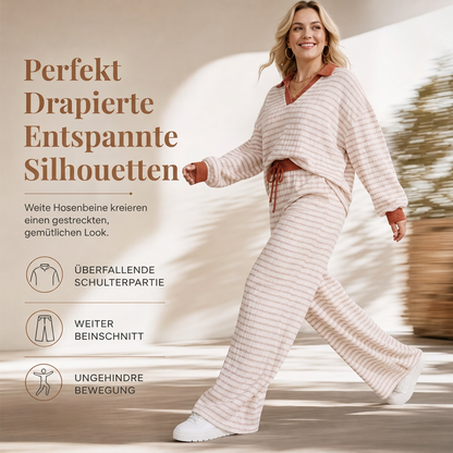 Damen gestreiftes lässiges Loungewear-Set, langärmeliges V-Ausschnitt-Oberteil und weite Hose, zweiteiliges entspannt sitzendes Set