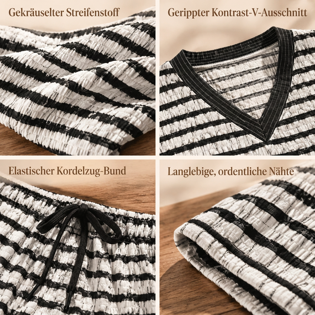 Damen gestreiftes lässiges Loungewear-Set, langärmeliges V-Ausschnitt-Oberteil und weite Hose, zweiteiliges entspannt sitzendes Set