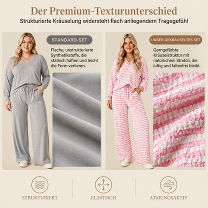Damen gestreiftes lässiges Loungewear-Set, langärmeliges V-Ausschnitt-Oberteil und weite Hose, zweiteiliges entspannt sitzendes Set