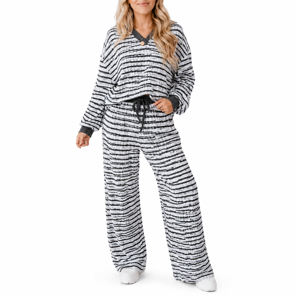 Damen gestreiftes lässiges Loungewear-Set, langärmeliges V-Ausschnitt-Oberteil und weite Hose, zweiteiliges entspannt sitzendes Set