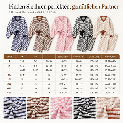 Damen gestreiftes lässiges Loungewear-Set, langärmeliges V-Ausschnitt-Oberteil und weite Hose, zweiteiliges entspannt sitzendes Set
