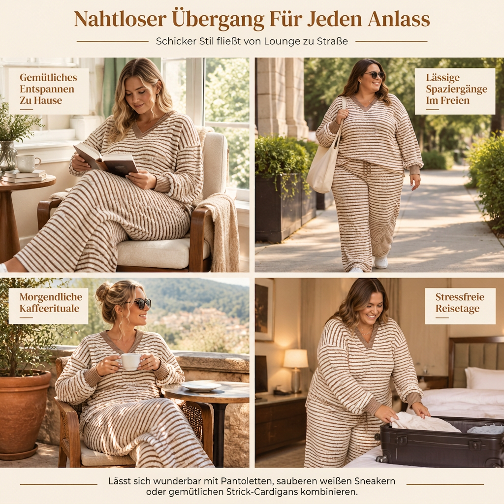Damen gestreiftes lässiges Loungewear-Set, langärmeliges V-Ausschnitt-Oberteil und weite Hose, zweiteiliges entspannt sitzendes Set