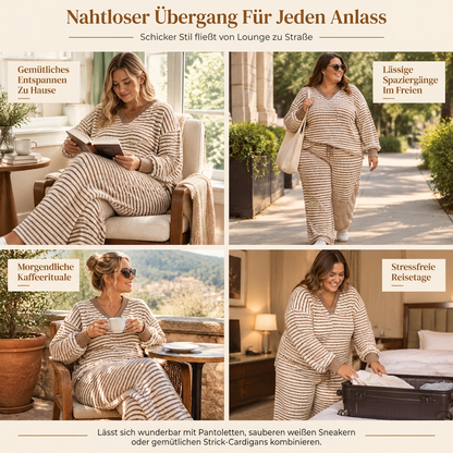 Damen gestreiftes lässiges Loungewear-Set, langärmeliges V-Ausschnitt-Oberteil und weite Hose, zweiteiliges entspannt sitzendes Set