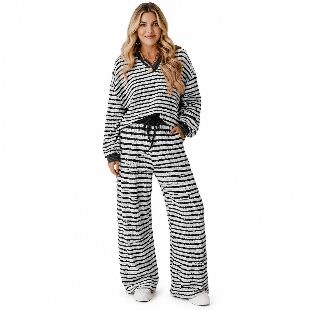 Damen gestreiftes lässiges Loungewear-Set, langärmeliges V-Ausschnitt-Oberteil und weite Hose, zweiteiliges entspannt sitzendes Set