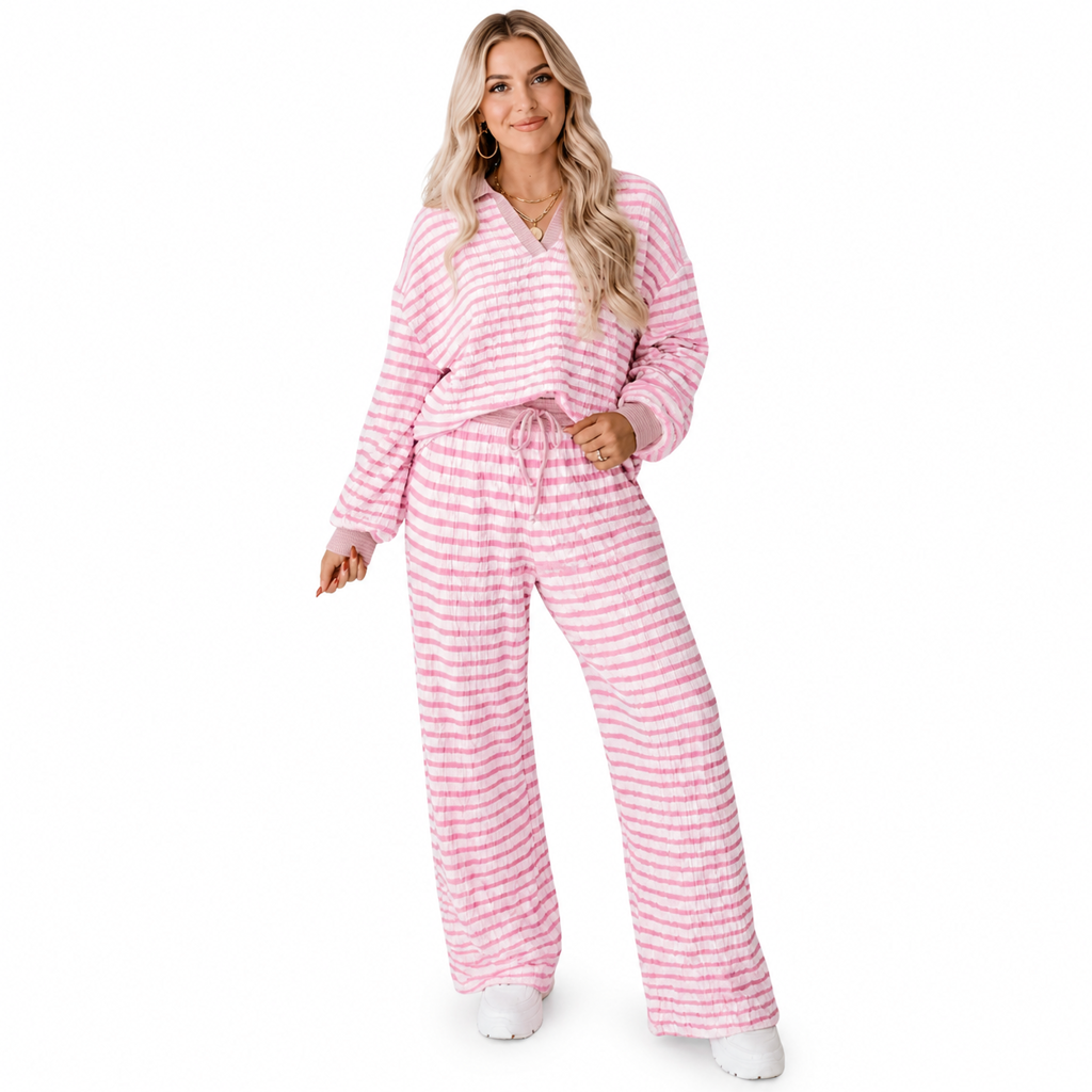 Damen gestreiftes lässiges Loungewear-Set, langärmeliges V-Ausschnitt-Oberteil und weite Hose, zweiteiliges entspannt sitzendes Set