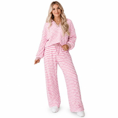 Damen gestreiftes lässiges Loungewear-Set, langärmeliges V-Ausschnitt-Oberteil und weite Hose, zweiteiliges entspannt sitzendes Set