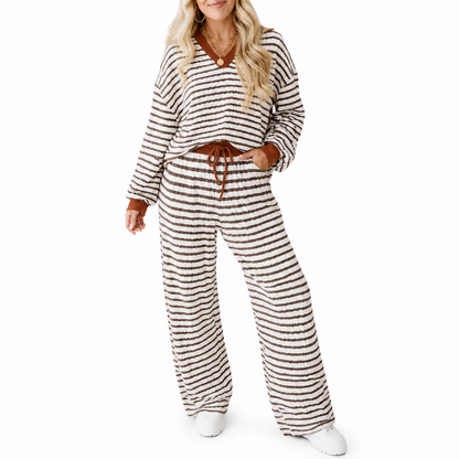 Damen gestreiftes lässiges Loungewear-Set, langärmeliges V-Ausschnitt-Oberteil und weite Hose, zweiteiliges entspannt sitzendes Set
